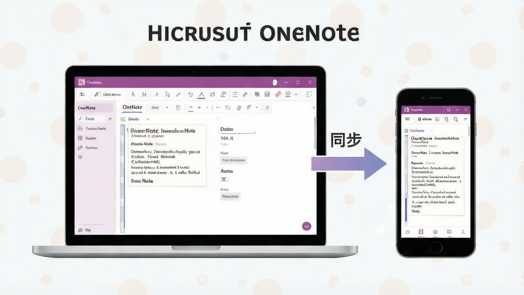 微软OneNote使用教程示意图,画面中展示一台笔记本电脑和一部手机,电脑屏幕上显示着OneNote的编辑界面,手机屏幕上显示着同步后的笔记内容,旁边有箭头标注“同步”字样,整体风格扁平化,色调柔和,画质清晰,干净无多余元素。