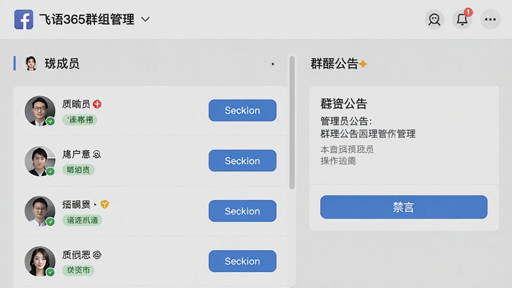 飞语365群组管理界面,画面展示群成员列表、管理员标识、群公告栏与禁言按钮,布局为典型社交软件管理面板,风格商务简约,细节包含头像、角色标签、操作按钮,画质高清,干净,无多余元素