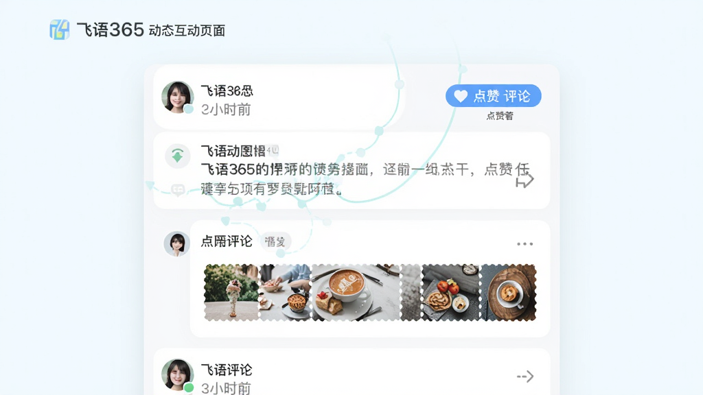 飞语365动态互动页面,画面展示用户动态流、点赞评论按钮、图片缩略图与个人头像,布局为社交信息流样式,风格清新浅色,细节包含互动图标、时间戳、内容卡片,画质高清,干净,无多余元素