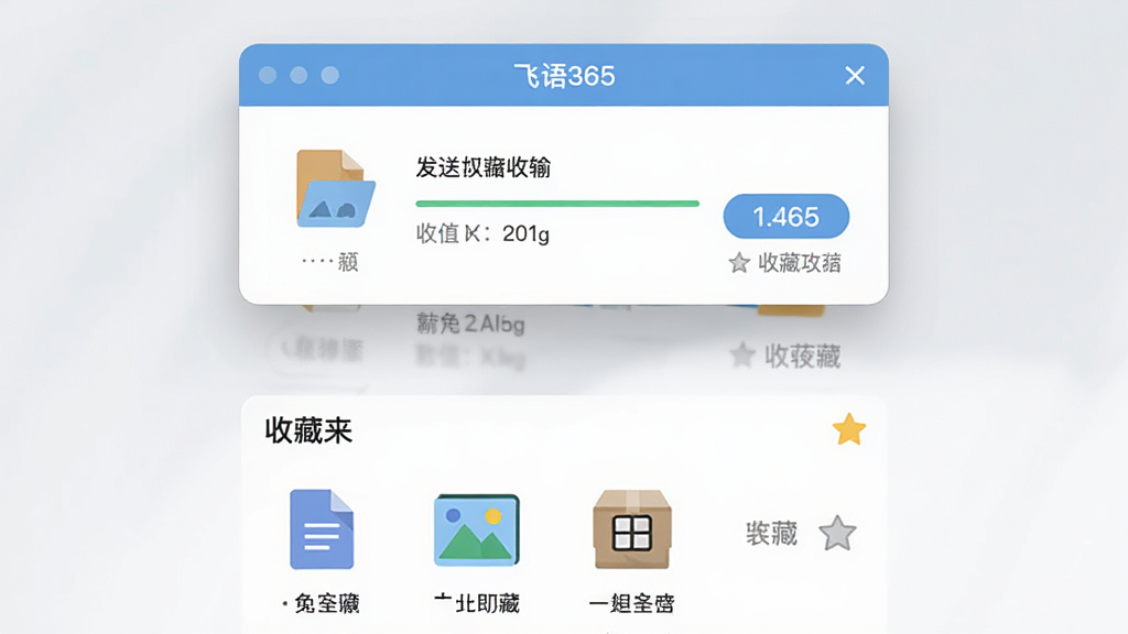 飞语365文件传输与收藏功能展示,画面中央是文件发送窗口,下方是收藏夹列表,包含文档、图片、压缩包图标,风格扁平化,细节包含传输进度、文件大小、收藏星标,画质高清,干净,无多余元素