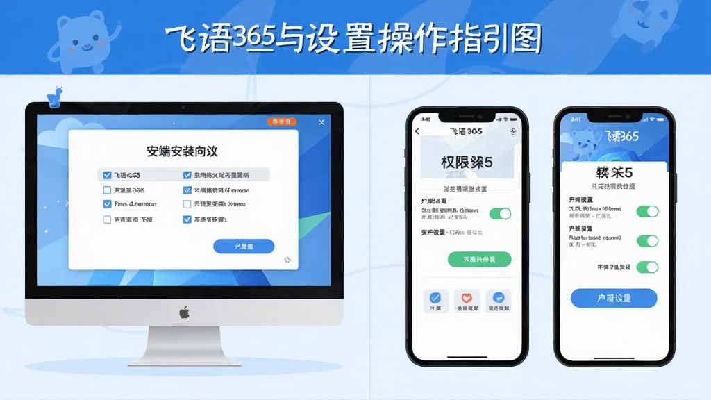 飞语365安装与设置操作指引图,画面展示电脑端安装向导界面与移动端权限设置页面,布局左右分栏,风格教程类扁平插画,细节包含勾选框、按钮、权限开关,画质高清,干净,无多余元素