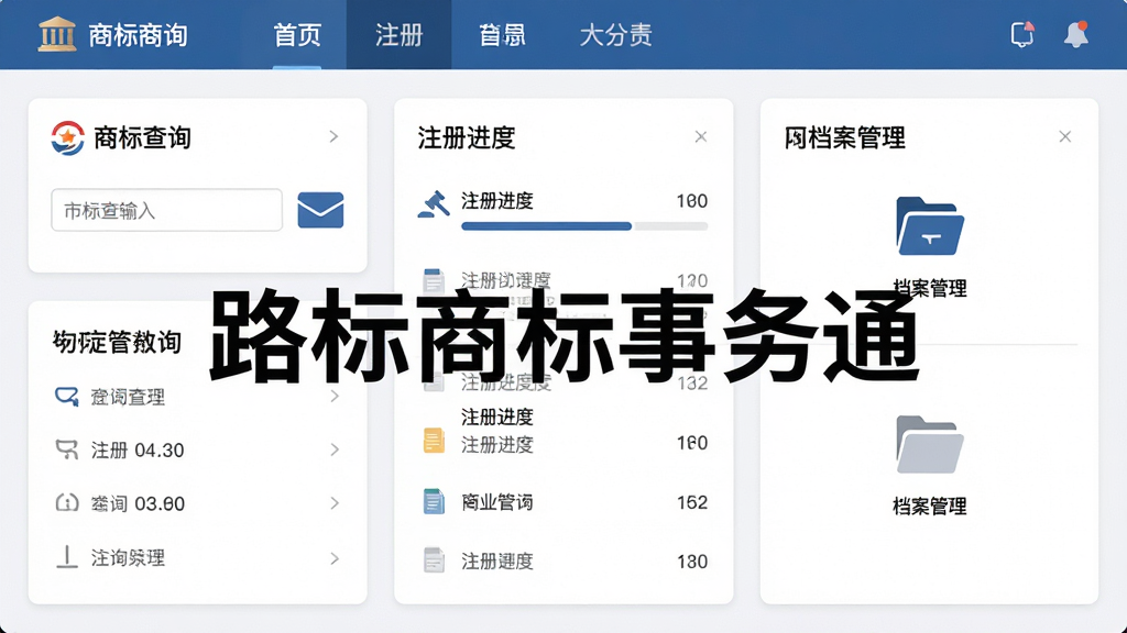软件主界面居中展示,整体布局为上方导航栏下方功能模块卡片,排版采用三栏式信息架构,风格为简约商务扁平化设计,细节包含商标查询输入框、注册进度列表、档案管理图标,画质清晰干净无多余元素,图片中央醒目文字“路标商标事务通”