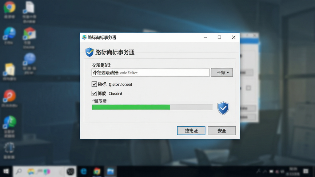电脑桌面显示软件安装向导窗口,布局为居中对话框搭配背景虚化桌面,排版简洁明了,风格为Windows标准安装界面,细节包含路径选择框、复选框、进度条、盾牌安全图标,画质清晰干净无多余元素,窗口标题文字“路标商标事务通”