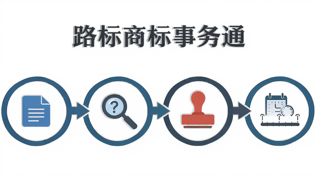 画面主体为流程步骤图横向排列,布局为六个圆形节点用箭头连接,排版居中对称,风格为扁平化信息图表,细节包含文件图标、放大镜图标、印章图标、时间轴装饰,画质清晰干净无多余元素,图片上方文字“路标商标事务通”