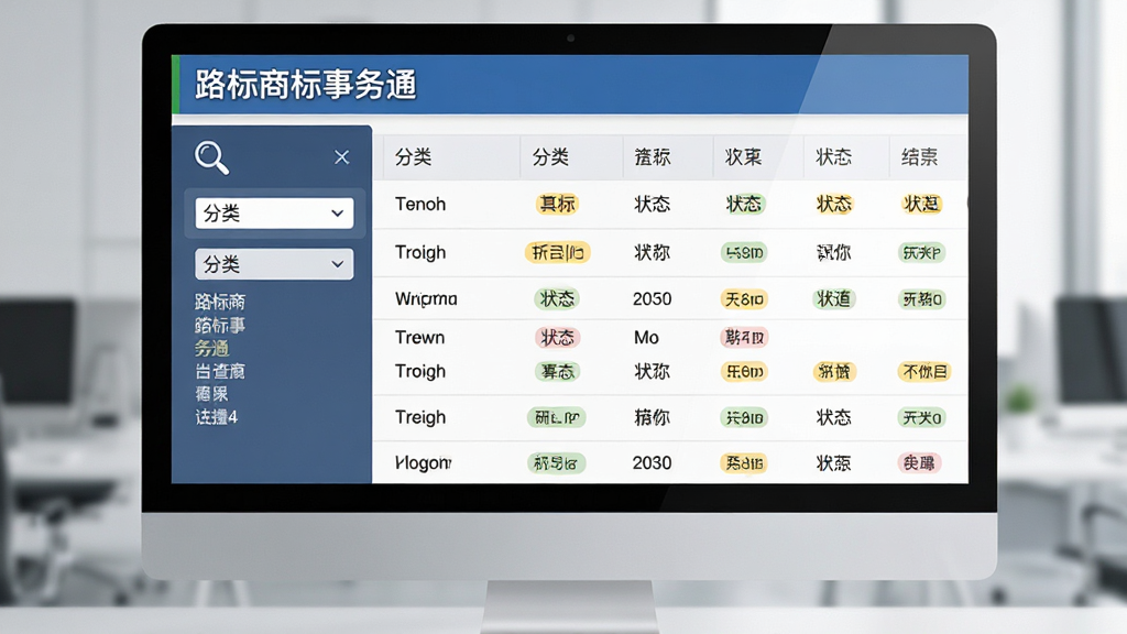 画面主体为电脑屏幕显示商标查询结果列表,布局为左侧筛选条件面板右侧数据表格,排版清晰对齐,风格为现代办公科技感,细节包含放大镜图标、分类下拉菜单、状态标签高亮,画质高清干净无多余元素,屏幕上方文字“路标商标事务通”