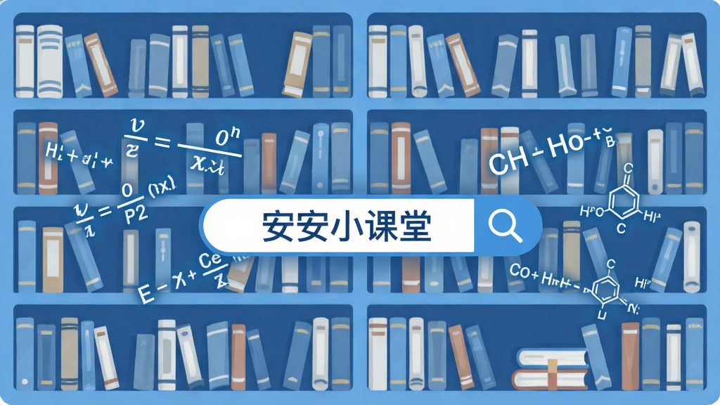 画面主体是一个巨大的虚拟书架,书架上整齐排列着各学科课本,书架前方悬浮着一个搜索框,搜索框内写着“安安小课堂”,周围有数学公式、英语单词、化学方程式等知识元素飘浮,布局居中对称,风格为扁平化插画,色彩以蓝白为主,细节丰富,画质清晰干净,无多余元素