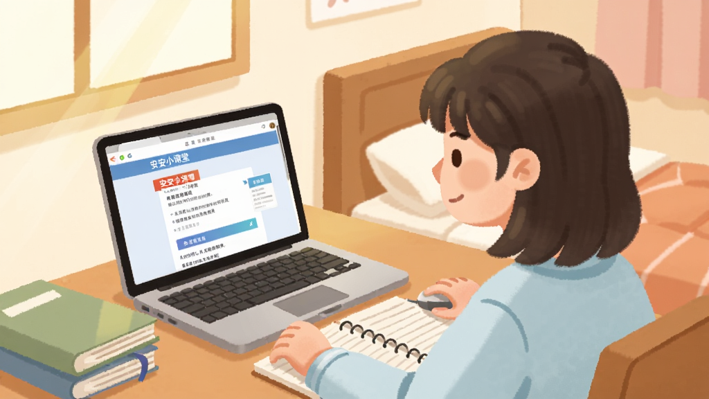 一幅展示用户使用安安小课堂学习场景的插画,画面中一位学生坐在书桌前,面前放着笔记本电脑,屏幕上显示安安小课堂的答案查询页面,旁边放着课本和笔记本,学生正在认真对照学习,背景是温馨的卧室,风格为温暖插画,色彩柔和,画质清晰,干净无多余元素