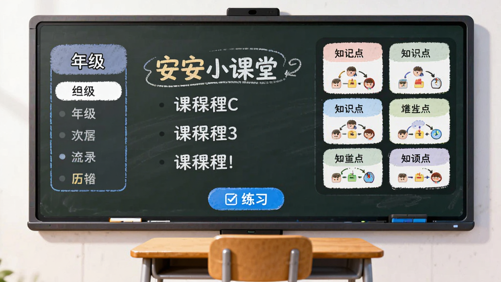 一幅展示课程同步学习功能的画面,主体是一块智能黑板,黑板上显示着安安小课堂的课程目录,左侧有年级选择栏,右侧有知识点卡片,下方有练习按钮,黑板前方有一张课桌和椅子,整体布局清晰,风格为现代教育插画,色彩明亮,画质细腻,干净无多余元素