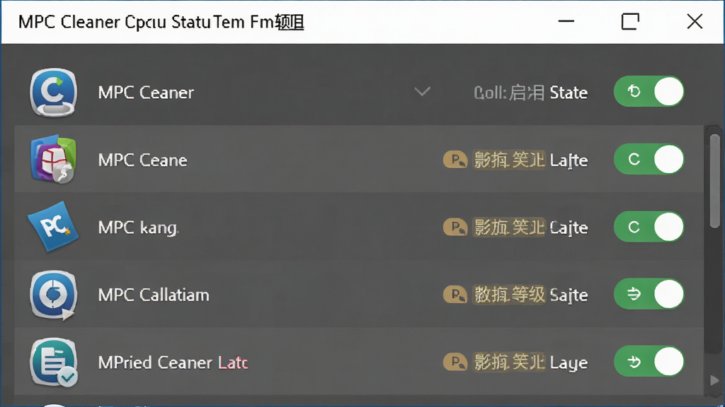 һ��չʾMPC Cleaner����������������ܵ�ͼƬ������Ϊ���������е��������б�������Ϊ�����ʾ����ͼ������ơ��Ҳ���ʾ����״̬���أ��Ű�Ϊ�������б�ʽ���֣����Ϊ���ʵ�õĹ������棬ϸ�ڰ������ذ�ť������ͼ�ꡢ����Ӱ��ȼ���ǩ�������������ɾ����޶���Ԫ��