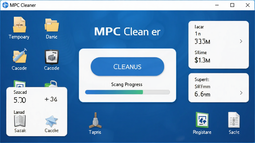һ��չ��MPC Cleaner���������ͼƬ������Ϊ������Ļ����ʾMPC Cleaner�����棬����Ϊ����չʾ������ť��ɨ�����������Χ�����Ŵ���ϵͳ������ͼ������ʱ�ļ������桢ע�����Ƭ�ȣ��Ű������������Ϊ�ִ��Ƽ���UI��ƣ�ϸ�ڰ�����ɫ���ɫΪ������ɫ��Բ�ǰ�ť������ͳ����壬���ʸ��壬�ɾ����޶���Ԫ��