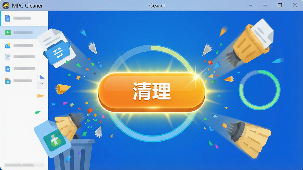 һ��չʾMPC Cleanerһ���������ܵ�ͼƬ������Ϊ������������Ĵ��������ť������Ϊ��ť��Χ�����ű��������ļ�ͼ���������Ͱ�Ķ���Ч�����Ű�۽����룬���Ϊ��������ı�ƽ��ƣ�ϸ�ڰ�����ť�ϵĹ�âЧ�����ļ���Ƭ���ӡ����Ȼ������ʸ��壬�ɾ����޶���Ԫ��