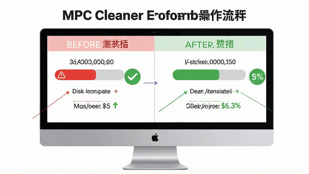 һ��չʾMPC Cleaner�����������̵�ͼƬ������Ϊ������Ļ����ʾ����ǰ��Ĵ��̿ռ�Աȣ�����Ϊ���չʾ����ǰ��ɫ����״̬���Ҳ�չʾ��������ɫ����״̬���Ű�Ϊ���ҶԱ�ʽ�����Ϊ���¼�����Ϣͼ��ϸ�ڰ��������������ֱ仯����ɫ�Թ�ͼ�ꡢ�ռ��ͷŰٷֱȣ����ʸ��壬�ɾ����޶���Ԫ��