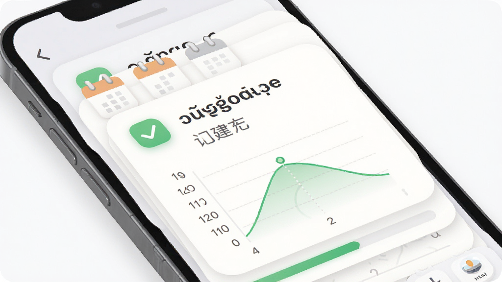 葡萄牙语学习软件的词汇记忆界面,主体为手机屏幕显示单词卡片和复习进度环,布局为卡片式堆叠,上方是葡萄牙语单词,下方是中文释义和记忆曲线图,风格为柔和圆角设计,细节包括绿色对勾图标、日历打卡标记和进度条,画质清晰,干净,无多余元素