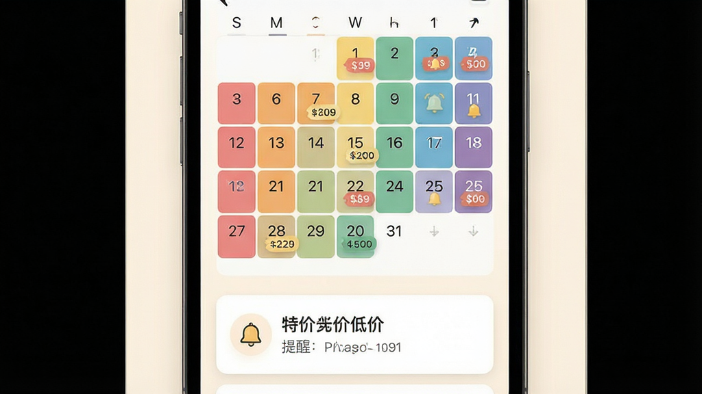 一张展示特价飞机票查询低价日历与提醒功能的预览图,画面为手机屏幕内显示彩色日历网格与价格标签,背景为柔和米白色,布局为日历在上、提醒卡片在下,风格清新浅色,细节包含日期数字与铃铛图标,画质清晰干净,无多余元素