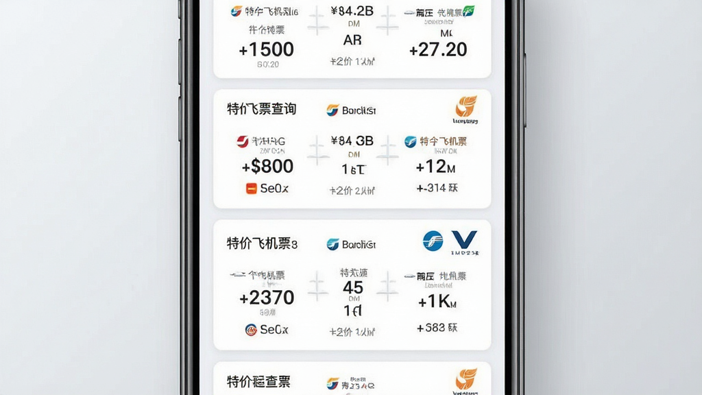 一张展示特价飞机票查询多平台比价功能的预览图,画面主体为手机屏幕内并列显示多个航班价格卡片,背景为淡灰色渐变,布局为上下排列的卡片式列表,风格简约商务,细节包含价格数字与航司标识,画质清晰干净,无多余元素