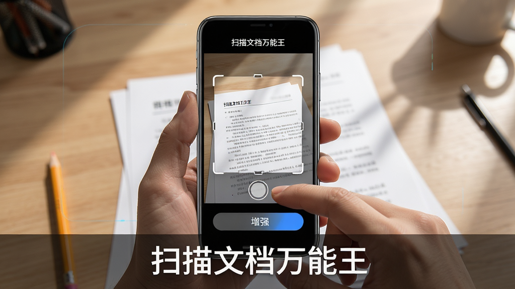 一张展示手机端使用“扫描文档万能王”进行文档扫描的操作示意图,主体是手持手机拍摄桌面文件,屏幕中显示自动裁边框与增强按钮,布局采用第一人称视角,画面下方有“扫描文档万能王”文字标识,风格为写实科技风,细节包括手指操作、手机边框、文件文字、桌面光影,画质高清,画面干净,无多余元素