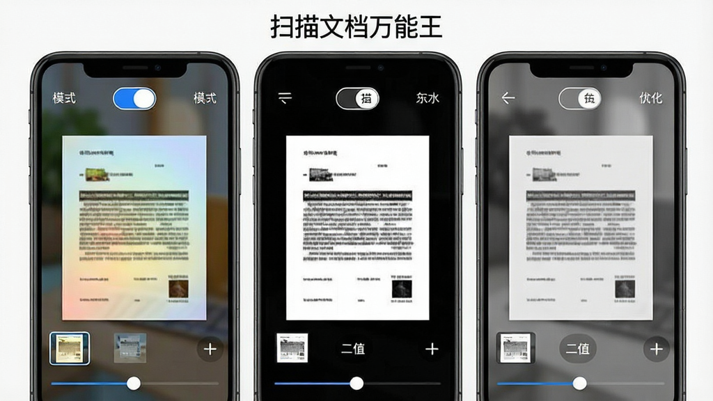 一张展示“扫描文档万能王”图像增强功能的界面截图风格图片,主体是手机屏幕中显示同一份文档在彩色增强、黑白二值、灰度优化三种模式下的对比效果,布局采用三栏并列排版,上方标注“扫描文档万能王”软件名称,风格为清爽极简的移动应用界面,细节包括模式切换按钮、预览缩略图、参数滑块,画质清晰,画面干净,无多余元素