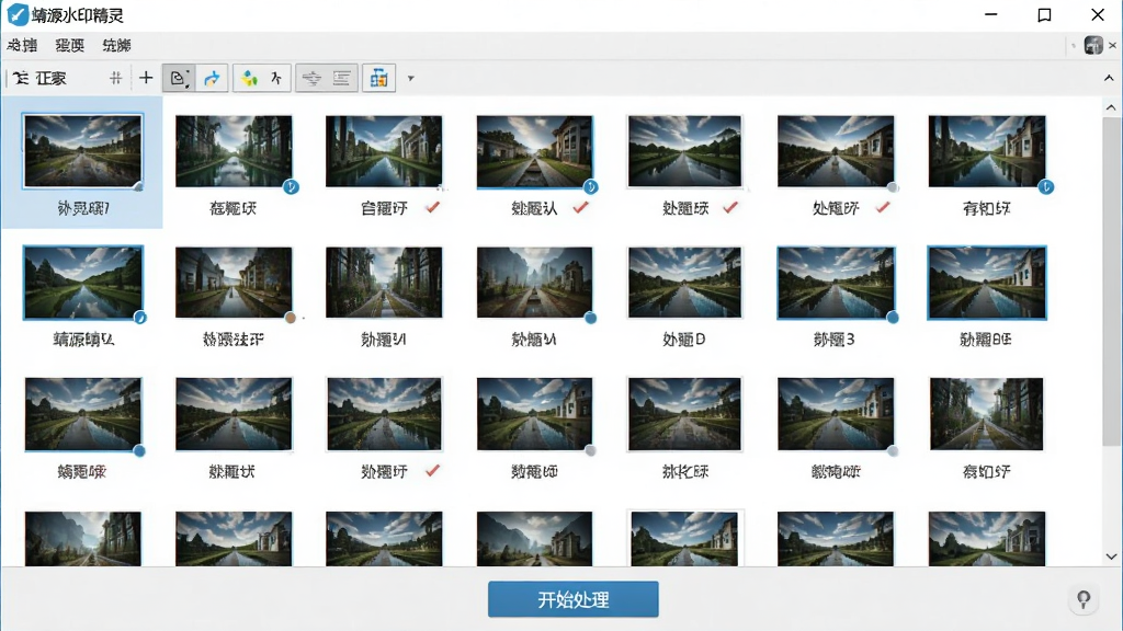 一张展示靖源水印精灵批量处理功能的图片,画面中软件界面显示多张图片缩略图排列在任务列表中,每张图片都标记了待处理状态,界面底部有开始处理按钮,整体布局整齐有序,风格简洁实用,画质清晰,无多余元素