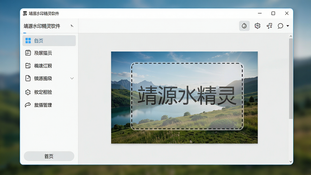 一张展示靖源水印精灵软件界面的图片,画面中央是软件主窗口,左侧为功能导航栏,右侧为图片预览区域,图片中显示一张带有水印的风景照片,水印区域被虚线框选中,界面风格简洁清爽,采用浅色主题,按钮和图标清晰可见,画质干净清晰,无多余元素