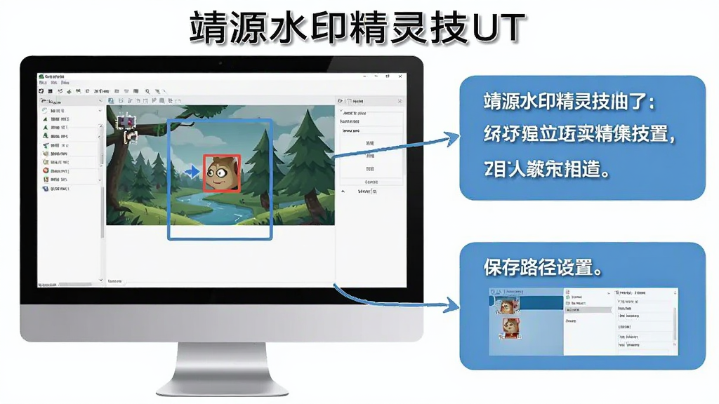 一张展示靖源水印精灵使用技巧的图片,画面中电脑屏幕上显示软件操作界面,旁边有文字标注提示框选技巧和保存路径设置,整体风格为教程示意图,布局清晰,画质干净,无多余元素