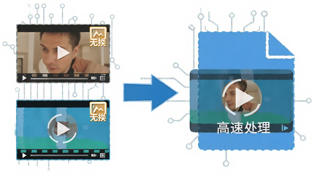 Boilsoft Video Joiner 无损合并功能示意图,画面主体为两个视频片段箭头指向一个完整视频文件,布局为横向流程展示,排版简洁直观,风格为扁平化科技感,细节包含画质无损标识与高速处理符号,画质清晰干净,无多余元素