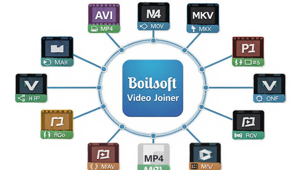 Boilsoft Video Joiner 多格式兼容展示图,画面中央为软件图标,周围环绕多种视频格式图标如 MP4、AVI、MOV、MKV 等,布局为环形排列,排版整齐有序,风格为现代扁平化,细节包含格式标签与连接线条,画质清晰干净,无多余元素
