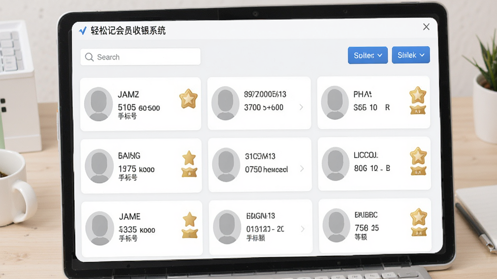 轻松记会员收银系统会员档案管理界面,画面主体是会员信息卡片列表,每张卡片包含头像占位、姓名、手机号、余额和等级标识,背景为浅色工作台环境,风格简洁商务,细节处有搜索框和筛选按钮,画质清晰干净,无多余装饰元素