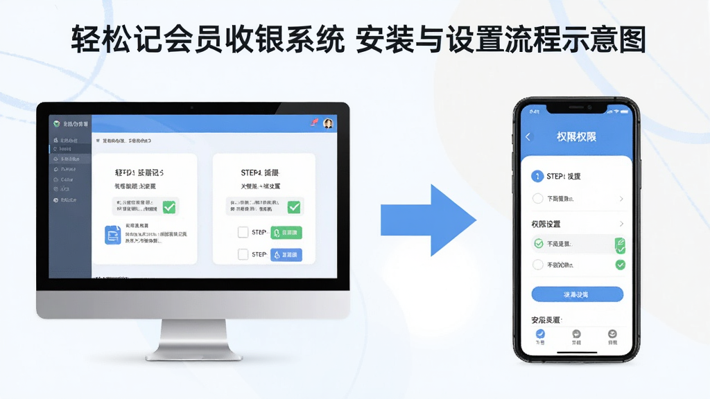 轻松记会员收银系统安装与设置流程示意图,画面分为左右两部分,左侧为电脑端安装向导界面,右侧为手机端权限设置页面,中间用箭头连接,风格简洁说明图,配色清新,细节处有步骤编号和勾选标记,画质清晰,无多余文字堆砌
