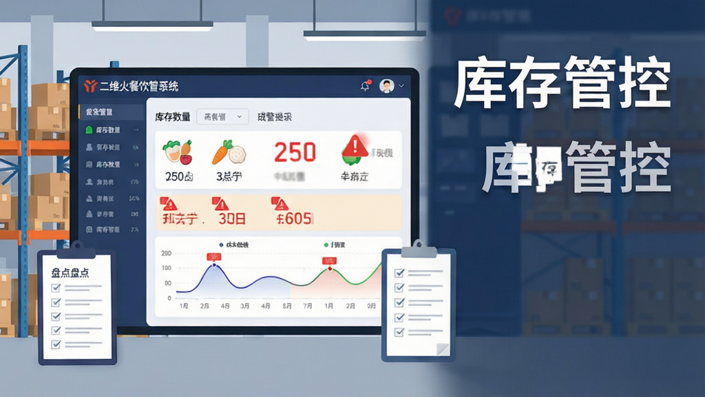 一张展示二维火餐饮管理系统库存与成本管控功能的图片,画面主体为仓库货架与库存管理看板,看板上显示库存数量、预警提示、成本曲线,布局为左右分栏构图,风格为现代仓储管理插画,细节包含食材图标、库存数字、预警红色标记、盘点清单,画面中有文字