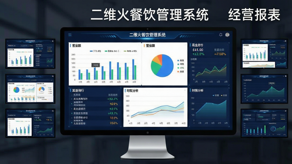 一张展示二维火餐饮管理系统经营报表与数据分析功能的图片,画面主体为一块大屏显示器展示数据看板,包含柱状图、饼图、折线图,布局为居中大屏加周围小屏环绕,风格为科技感数据可视化风格,细节包含营业额数字、菜品排行列表、时段分析曲线,画面中有文字