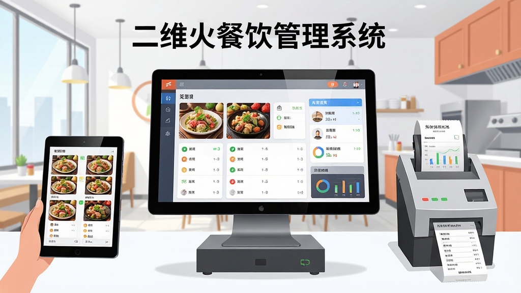 一张展示二维火餐饮管理系统核心全貌的场景图,画面中央是一台收银电脑屏幕显示点餐界面,左侧是手持点餐平板,右侧是后厨打印机正在出单,背景为明亮整洁的餐厅环境,布局采用三分法构图,风格为现代商业科技插画,细节包含菜品图片、桌台状态、订单列表、数据报表等元素,画面中有文字