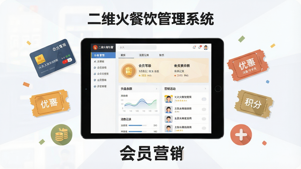 一张展示二维火餐饮管理系统会员与营销管理功能的图片,画面主体为一块平板电脑屏幕显示会员管理界面,周围环绕会员卡、优惠券、积分图标等元素,布局为居中放射状构图,风格为扁平化商业插画,细节包含会员等级、储值余额、消费记录、营销活动列表,画面中有文字