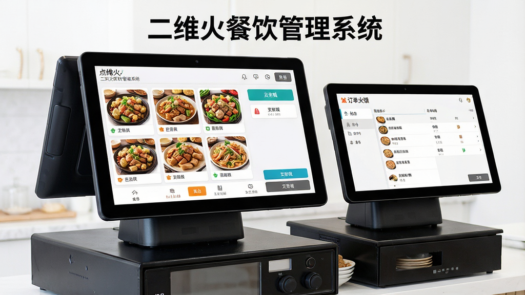一张展示二维火餐饮管理系统智能点餐收银功能的图片,画面主体为收银台双屏设备,主屏显示点餐收银界面,副屏面向顾客展示订单明细,布局居中对称,风格为写实商业摄影感,细节包含菜品缩略图、支付方式图标、桌台编号,画面中有文字