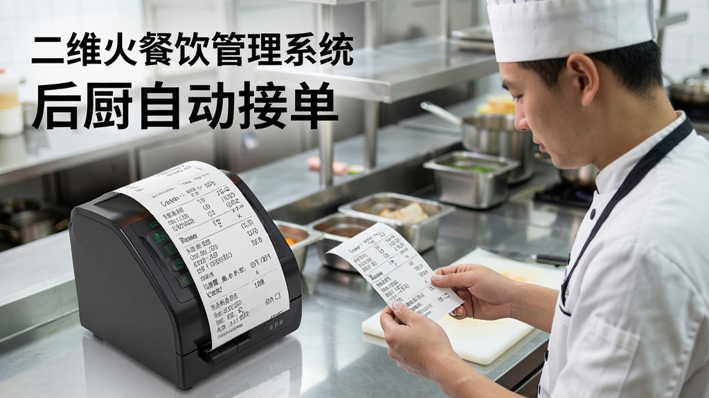 一张展示二维火餐饮管理系统后厨自动接单功能的图片,画面主体为后厨工作台上的一台热敏打印机正在打印订单小票,旁边有厨师查看小票,布局为斜角透视构图,风格为写实厨房场景,细节包含小票上的菜品名称、桌号、时间、档口分类,画面中有文字