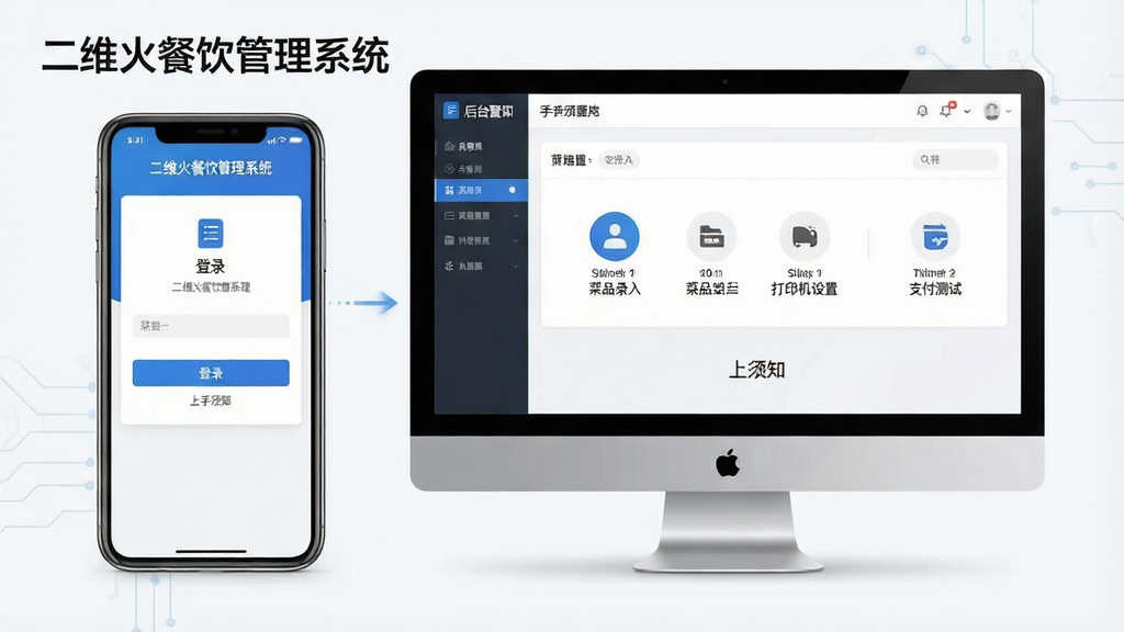 一张展示二维火餐饮管理系统上手操作流程的图片,画面主体为一部手机和一台电脑并排展示,手机屏幕显示移动端管理界面,电脑屏幕显示后台配置界面,布局为左右对比构图,风格为简洁科技风,细节包含登录界面、菜品录入、打印机设置、支付测试等步骤图标,画面中有文字