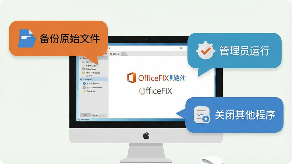 һ��չʾOfficeFIX����С��ʿ��ͼƬ����������һ��������Ļ����Ļ����ʾOfficeFIX�������棬�Ա�Ư���ż�����ʾ���ݣ��ֱ�д�š�����ԭʼ�ļ�����������Ա���С������ر��������򡱣����Ϊ��ƽ����Ϣͼ��ϸ�ڰ������������ֺ�ͼ�꣬�����������ɾ����޶���Ԫ��