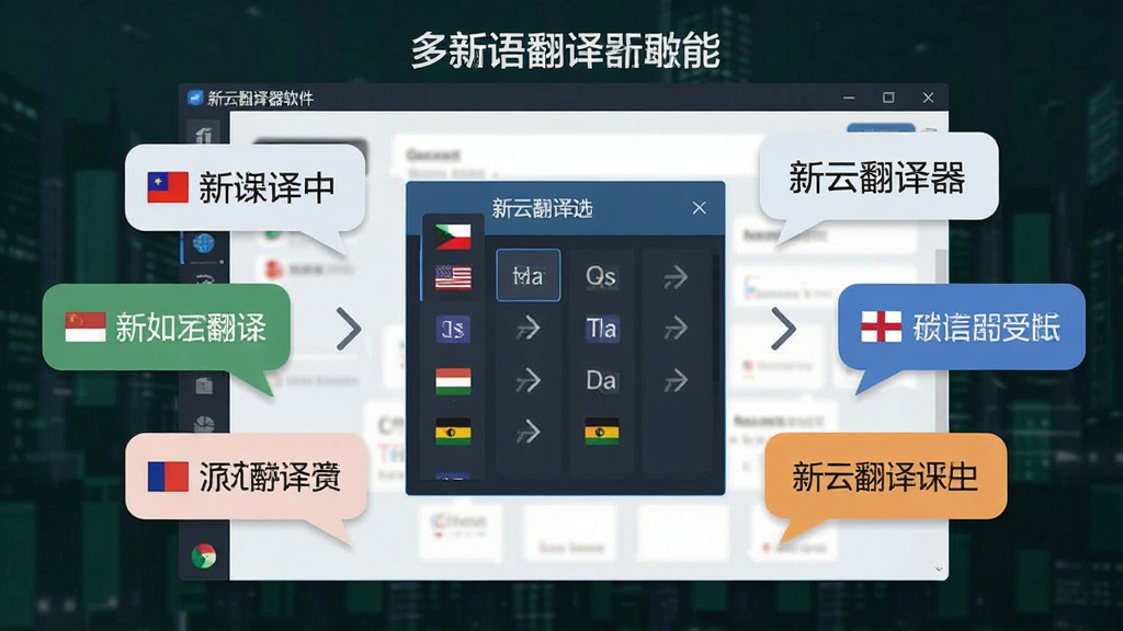 一张展示多语言翻译功能的场景图,主体为新云翻译器软件界面,布局为居中显示语言选择面板,周围环绕着不同国家的文字气泡,排版为软件截图加文字标注,风格为科技感扁平化,细节包括各国国旗图标和翻译箭头,画质清晰,干净,无多余元素
