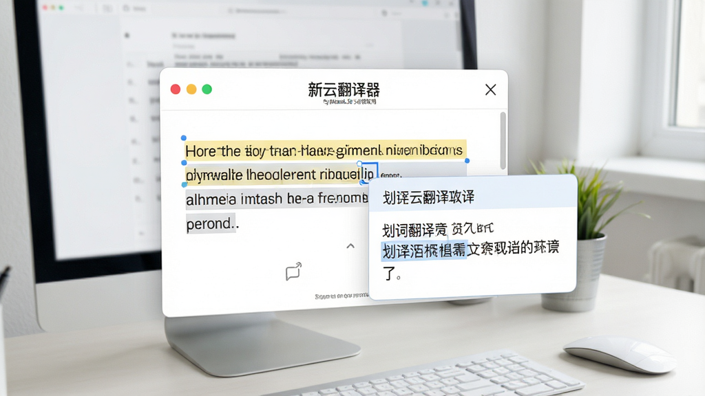 一张展示划词翻译功能的示意图,主体为新云翻译器划词取词弹窗,布局为文字被选中后弹出翻译浮窗,排版为桌面场景截图,风格为清爽办公风,细节包括高亮选中的英文段落和译文浮窗中的中文结果,画质高清,干净,无多余元素