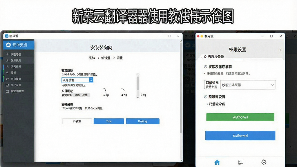 一张展示新云翻译器使用教程的示意图,主体为软件安装和设置界面,布局为分步骤展示安装向导和权限设置页面,排版为教程风格截图拼接,风格为清晰教学风,细节包括安装路径选择和权限授权按钮,画质高清,干净,无多余元素