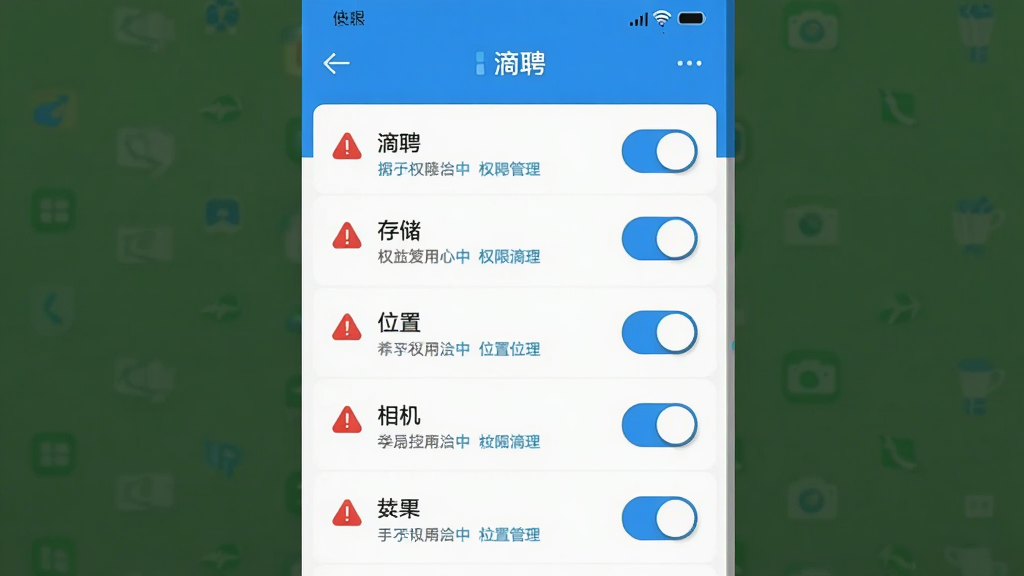 手机安全设置界面示意图,展示“滴聘”应用权限管理页面,包含存储、位置、相机等开关按钮,布局为纵向列表,风格简洁说明性,细节有红色警示图标和蓝色提示文字,画质清晰,干净,无多余元素
