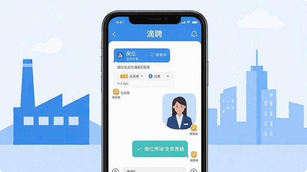 手机屏幕显示“滴聘”招聘应用界面,一位蓝领工人与招聘经理正在通过聊天窗口沟通,背景是简洁的工厂与城市剪影,布局居中,风格现代扁平化,色彩以蓝色和白色为主,细节包括岗位卡片、消息气泡、认证标识,画质清晰,干净,无多余元素