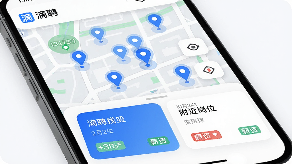 手机地图界面,显示“滴聘”应用中的附近岗位分布,地图上有多个蓝色定位点,底部弹出岗位简卡,布局为上层地图下层卡片,风格科技感,细节有距离标注和薪资标签,画质清晰,干净,无多余元素