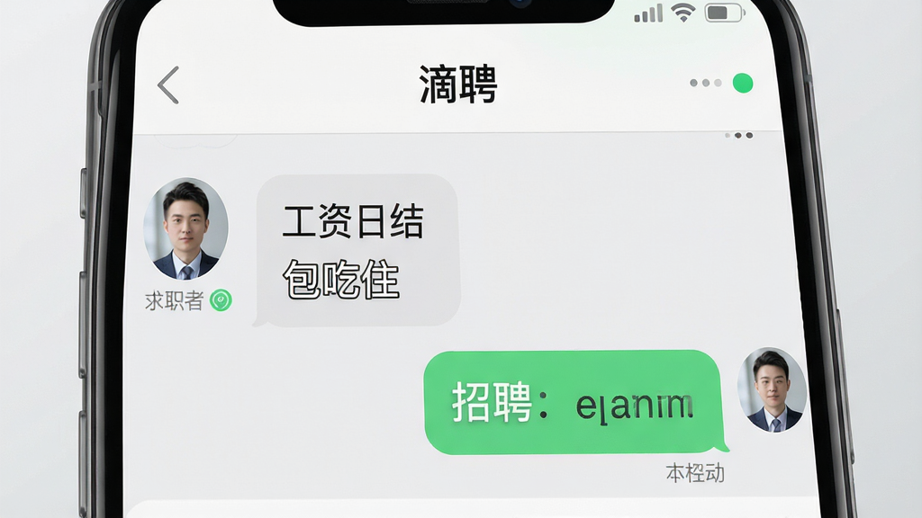 手机聊天界面特写,展示“滴聘”应用内的对话场景,左侧是求职者头像,右侧是招聘方头像,气泡中包含“工资日结”“包吃住”等文字,背景为浅灰色,布局简洁,风格写实,细节有已读标记和在线状态点,画质高清,干净,无多余元素