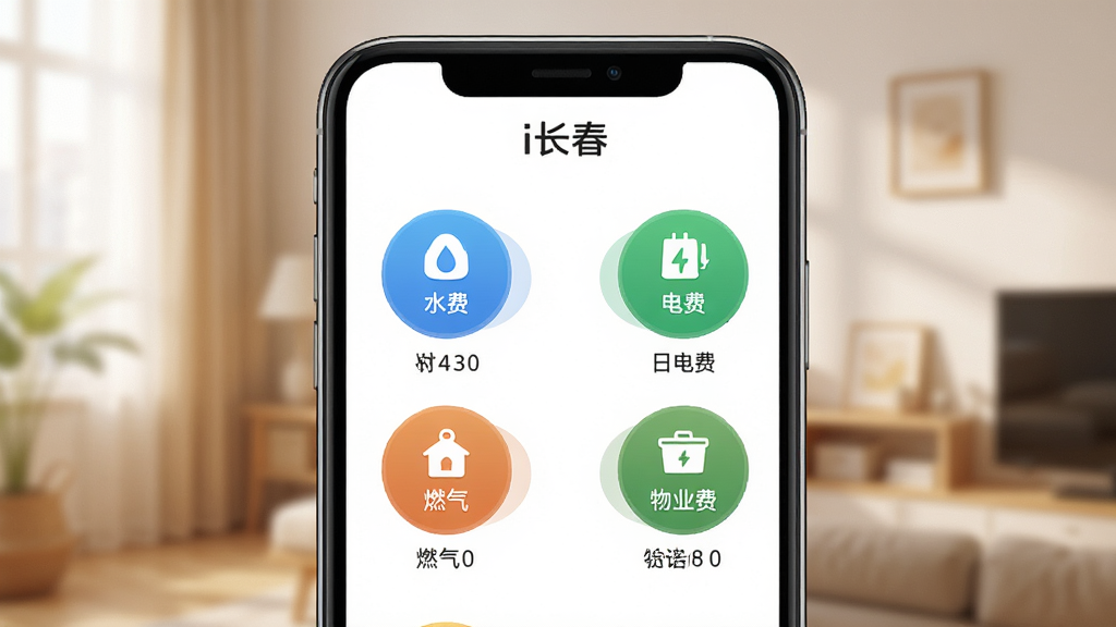 i长春APP生活缴费功能展示图,主体为手机屏幕显示生活缴费页面,包含水费、电费、燃气费、物业费等缴费入口图标,布局为圆形图标矩阵,排版整齐,风格温馨生活化,细节精致,画质高清,干净无多余元素,界面顶部有“i长春”字样