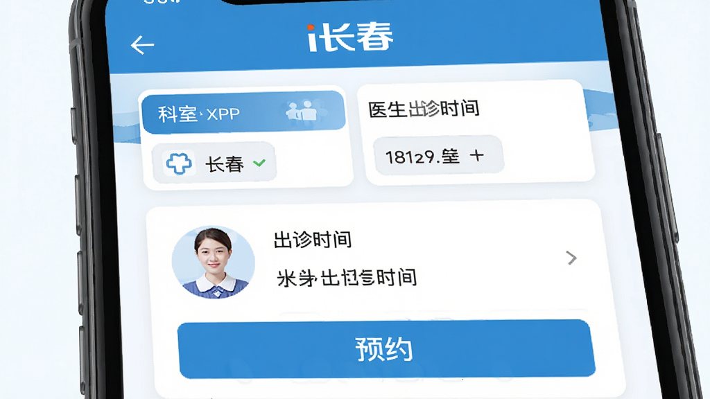 i长春APP医疗健康功能展示图,主体为手机屏幕显示医院预约挂号页面,包含科室列表、医生出诊时间、预约按钮等元素,布局为上下结构,排版清晰,风格清新医疗蓝,细节精致,画质高清,干净无多余元素,顶部显示“i长春”
