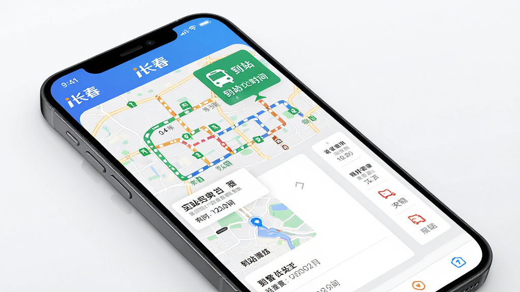 i长春APP交通出行功能展示图,主体为手机屏幕显示实时公交查询页面,包含公交线路、到站时间、地图导航等元素,布局为地图加列表形式,排版直观,风格科技感,细节清晰,画质高清,干净无多余元素,界面中有“i长春”标识