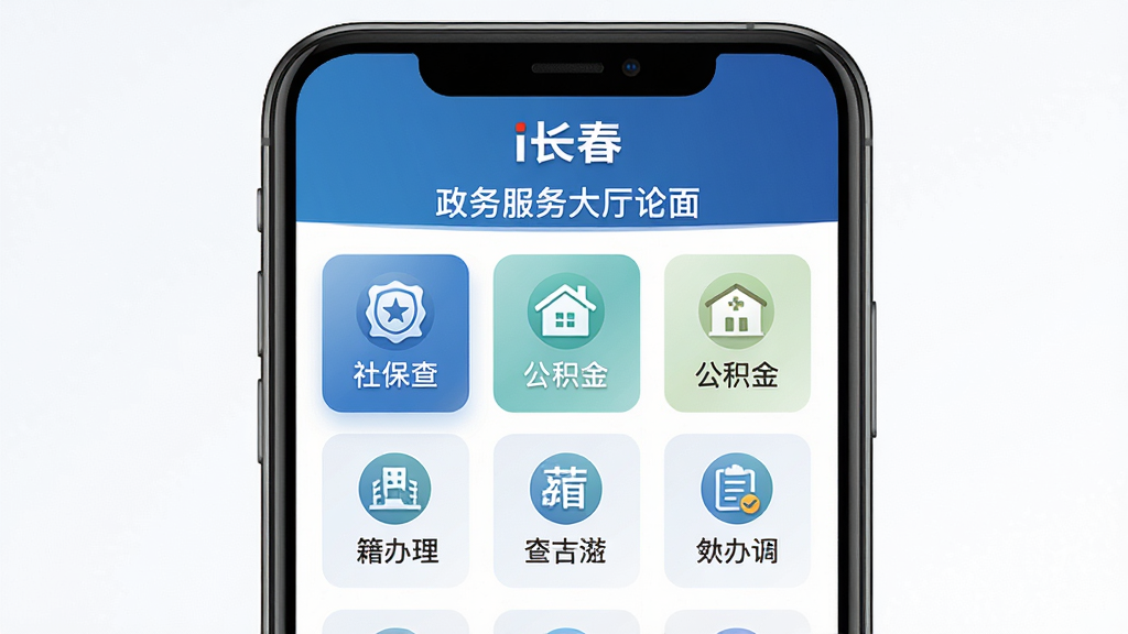 i长春APP政务办事功能界面展示图,主体为手机屏幕显示政务服务大厅页面,包含社保查询、公积金、户籍办理等图标,布局采用宫格排列,排版简洁,风格商务专业,细节清晰,画质高清,干净无多余元素,屏幕上方有“i长春”字样