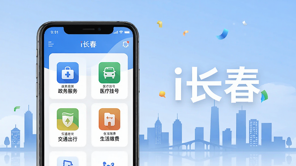 一幅展示i长春APP核心功能的宣传图,主体为一部智能手机,屏幕显示i长春应用主界面,包含政务服务、医疗挂号、交通出行、生活缴费等图标,布局清晰,排版整齐,风格现代简约,细节精致,画质高清,干净无多余元素,背景为长春城市剪影,文字标注“i长春”