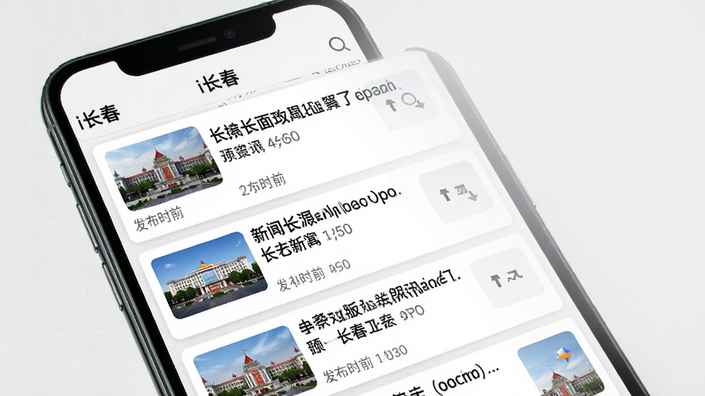 i长春APP新闻资讯功能展示图,主体为手机屏幕显示本地新闻列表页面,包含新闻标题、缩略图、发布时间等元素,布局为卡片式列表,排版清晰,风格新闻资讯类,细节丰富,画质高清,干净无多余元素,界面顶部有“i长春”