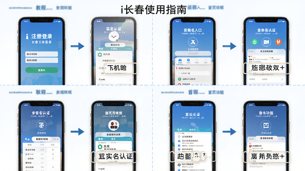 i长春APP使用操作流程图解,主体为手机屏幕展示注册登录、实名认证、首页功能入口等步骤截图,布局为四格流程图排列,排版清晰,风格教程图解,细节标注明确,画质高清,干净无多余元素,图片标注“i长春使用指南”